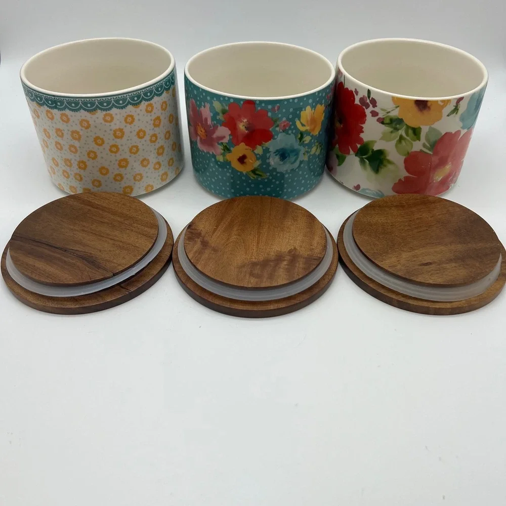 The Pioneer Woman Stackable 3 Piece Stoneware Canister Set Acacia Sealing Lids